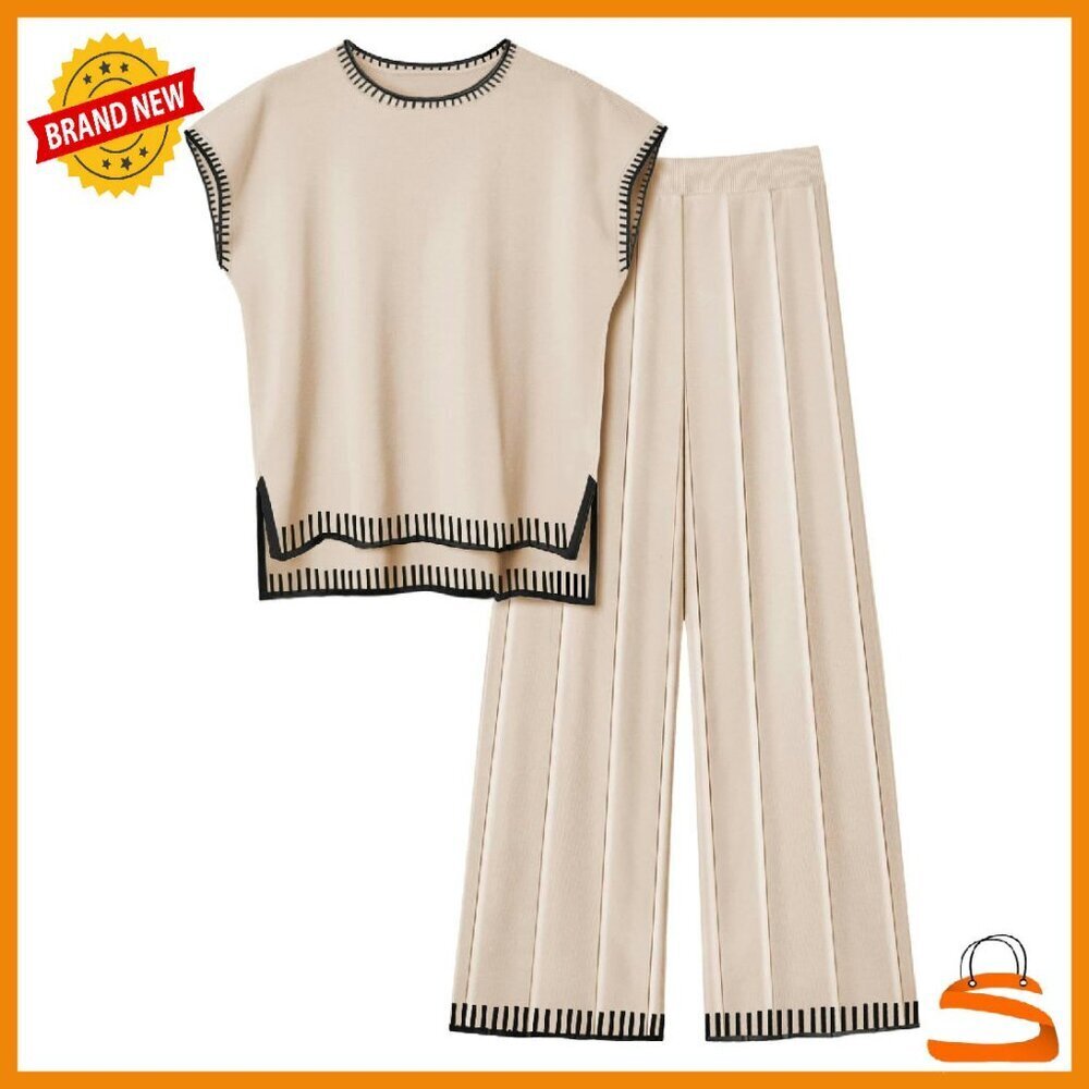 Knit Sweater Set Sleeveless Top Wide Leg Pants Lounge Outfit